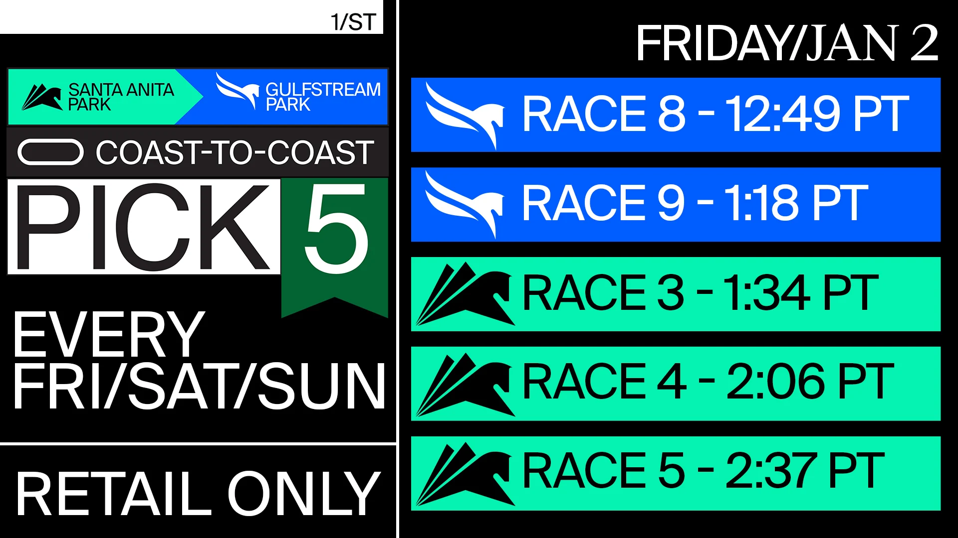 PLAY THE $1 MINIMUM, 15% TAKEOUT COAST TO COAST PICK 5! BEGINS WITH RACE 8 AT GULFSTREAM PARK!